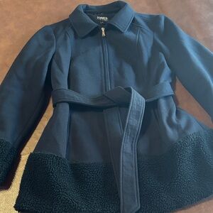 Jones New York women’s black Belted Pea Coat with Sherpa Trim